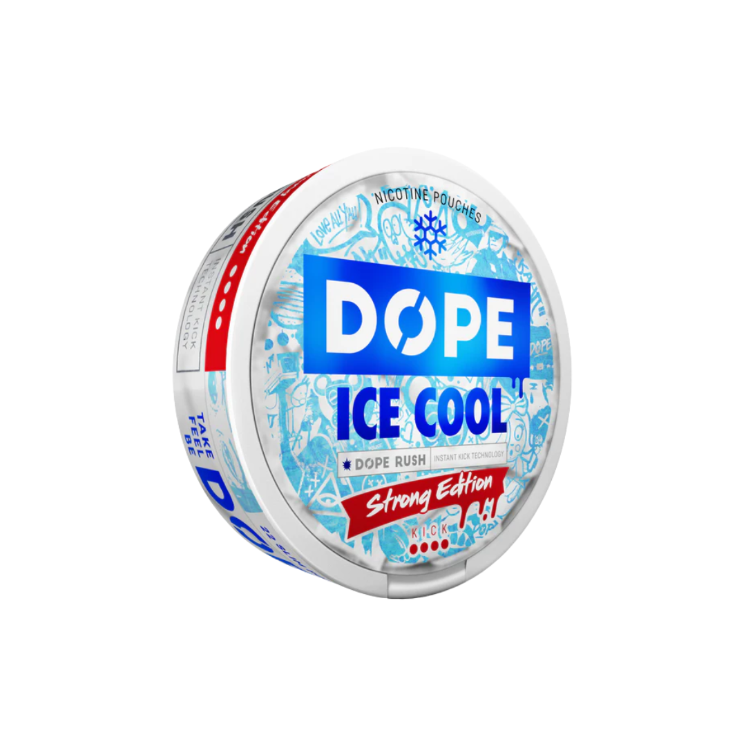 Front view of Dope Ice Cool nicotine pouch in a frosted circular tin with blue, white, and red colors.