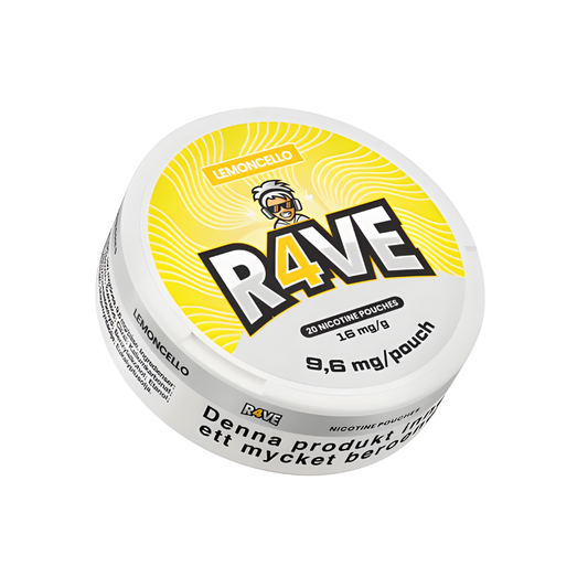 Detail close-up of Rave Lemoncello nicotine pouch can showcasing bold text, nutrition facts, and a yellow and white color…