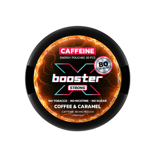 Front view of X-Booster Coffee Caramel pouch in black, orange, and white, showcasing its caffeine-boosting formula.