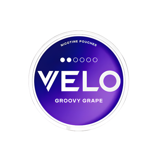 Detail close-up of the Velo Groovy Grape Mini pouch featuring a circular design and brand logo in purple and white colors.