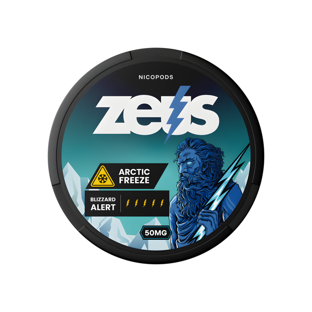 Front view of the black and blue circular nicotine pouch container featuring a bold logo and warning symbol