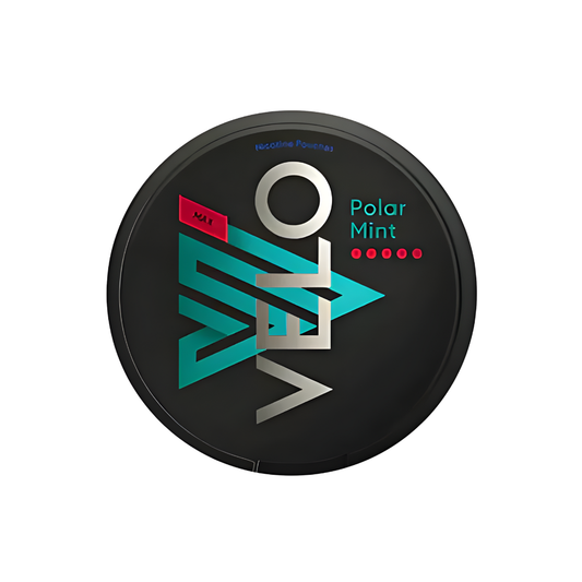 Detail close-up of the Velo Polar Mint Max Snus can showcasing a black, teal, and red logo design.