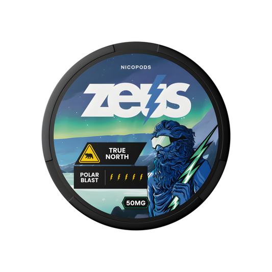 Detail close-up of Zeus True North nicotine pouch packaging featuring black, blue, and green design.