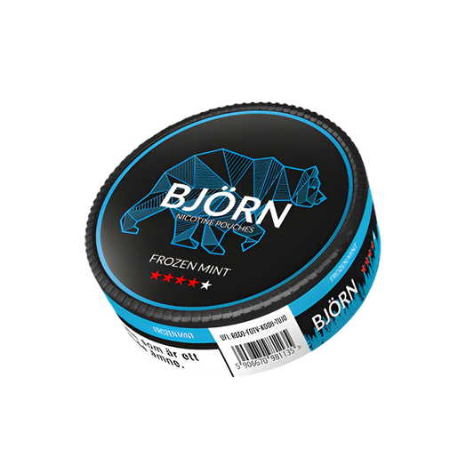 Front view of the circular black and blue snus can featuring graphic design and label text on a transparent background