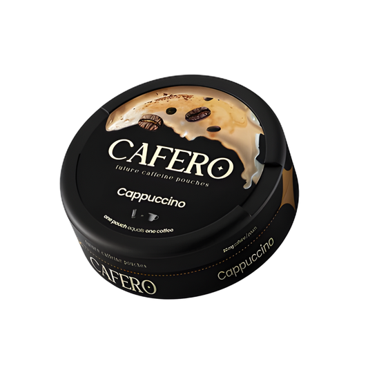 Detail close-up of a black and gold coffee canister with coffee beans graphic on a white background.