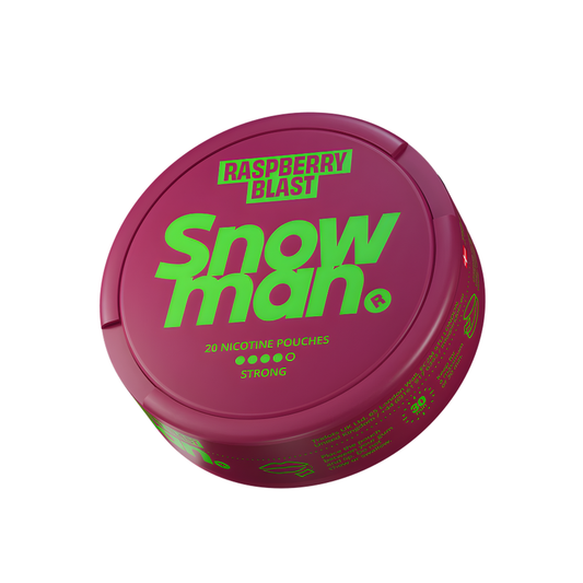 Detail close-up of the Snowman Raspberry Blast packaging featuring a round container with a purple and green label on a wh…