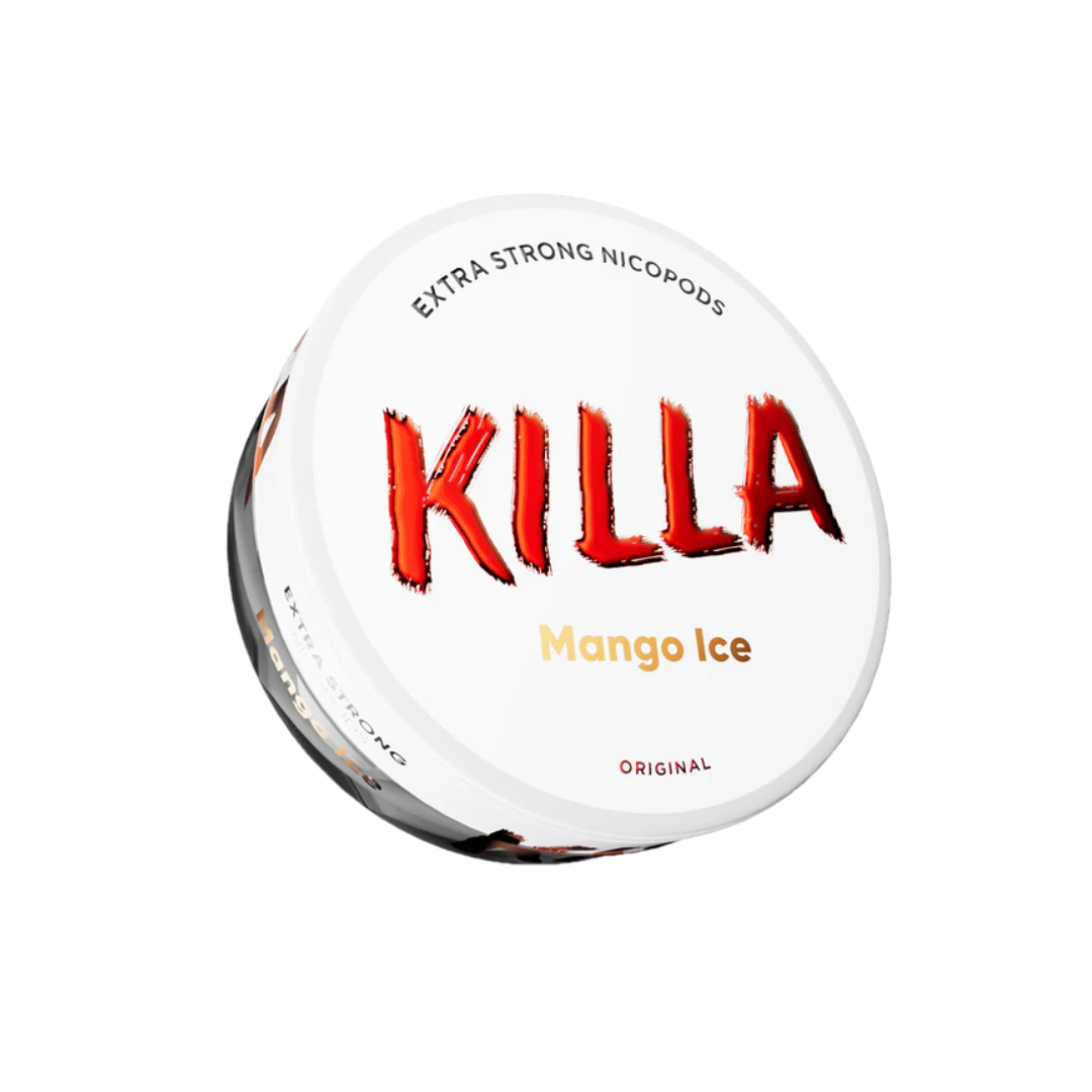 Detail close-up of Killa Mango Ice Snus can showcasing red and white circular design with flavor indication.