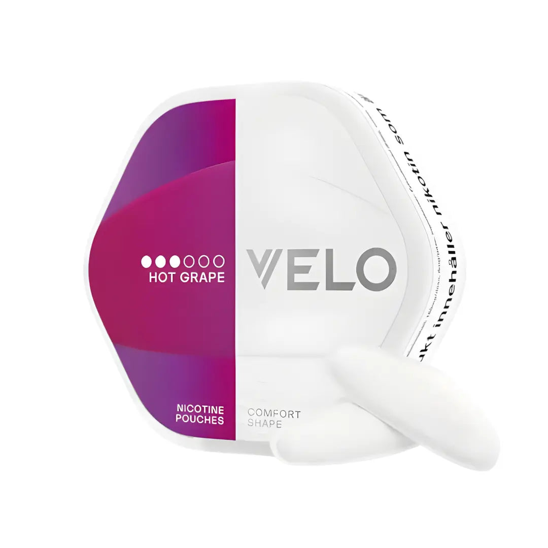 Packaging shot of VELO Shift Hot Grape can, featuring hexagonal shape in white, purple, and pink colors.