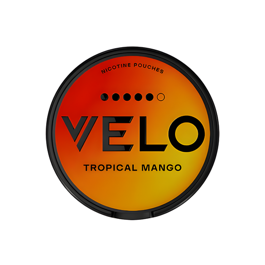 Front view of a circular snus can featuring tropical mango flavor in orange and black colors
