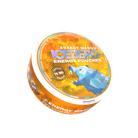 Front view of Iceberg Energy Mango pouches in a circular container featuring a bear illustration, with orange and blue col…