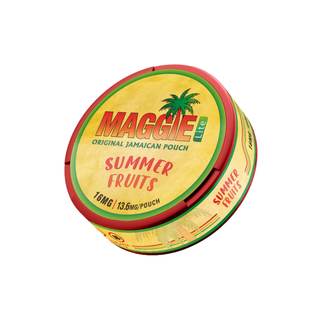 Detail close-up of a round tin featuring a tropical-themed label in yellow, red, and green colors.