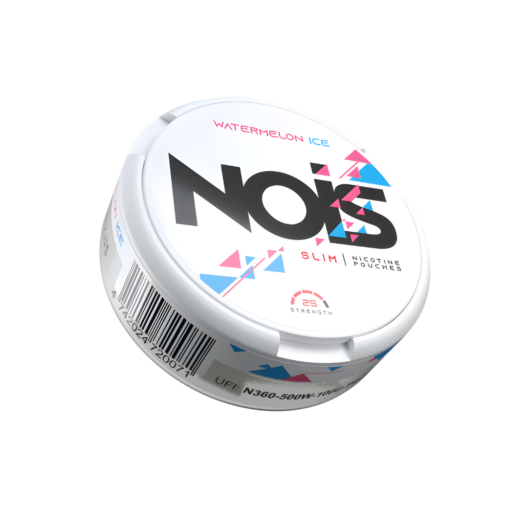Side view of NOIS Watermelon pouch featuring white, blue, and pink colors on a white background.