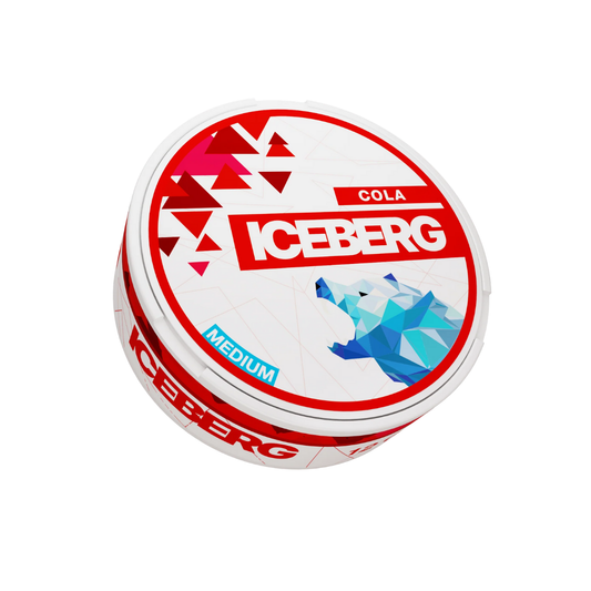Front view of the red and white Iceberg Cola snus can featuring a graphic design and flavor label.