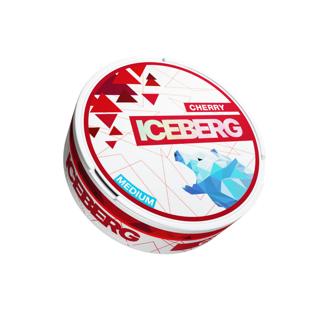 Front view of the red and white Iceberg Cherry nicotine pouch can with graphic design elements.