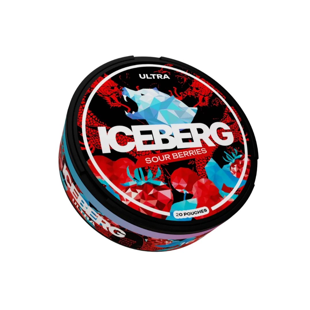 Detail close-up of the circular Iceberg Sour Berries can showcasing red, black, and blue graphic design.