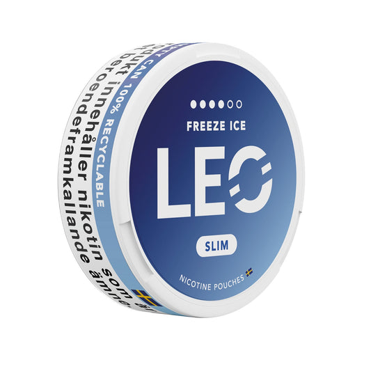 Detail close-up of the LEO Freeze can showcasing its round design, blue and white colors, and screw top.