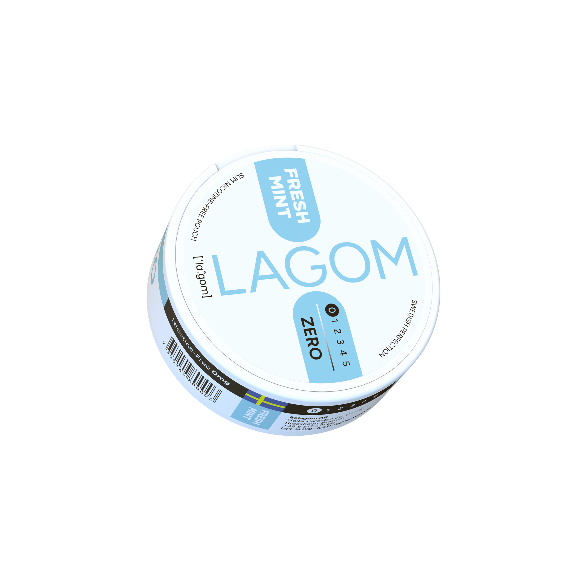 Detail close-up of Lagom Fresh Mint in a circular container with a light blue label on a transparent background