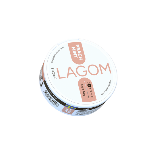 Detail close-up of Lagom Peach Mint container showcasing a round design in white, peach, and mint colors.