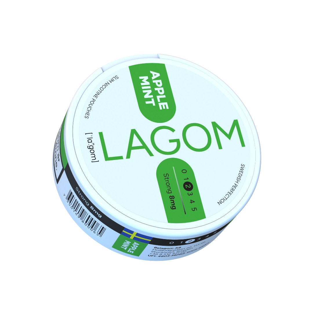 Detail close-up of Lagom Apple Mint nicotine pouch in a circular container with a green label.