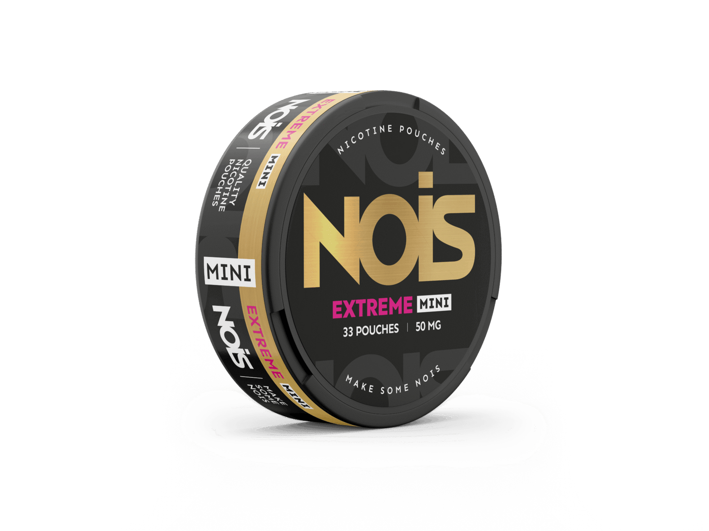 Side view of the round tin in black and gold, showcasing the mini size and label design.