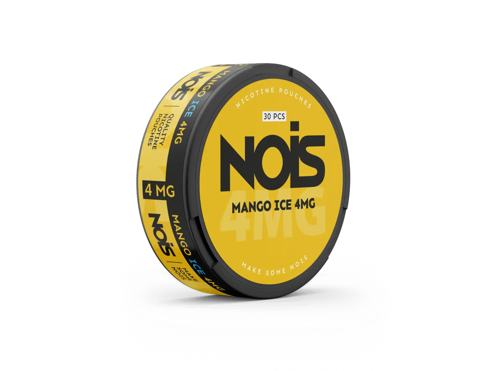 Side view of the Nois mango ice can in yellow and black featuring the flavor label.
