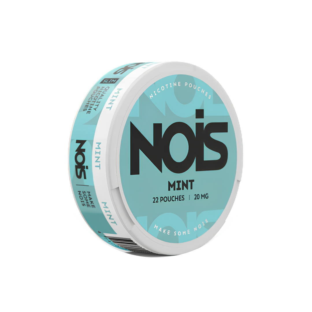 Detail view of the turquoise and white Nois Mint Snus round container with label design.