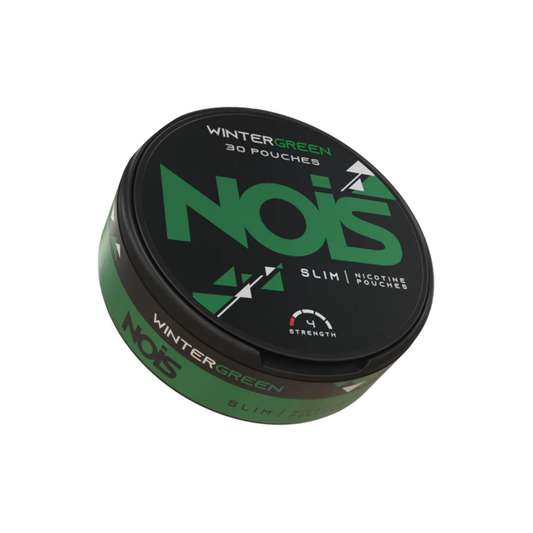 Side view of the round black and green NOIS can featuring label design on a transparent background
