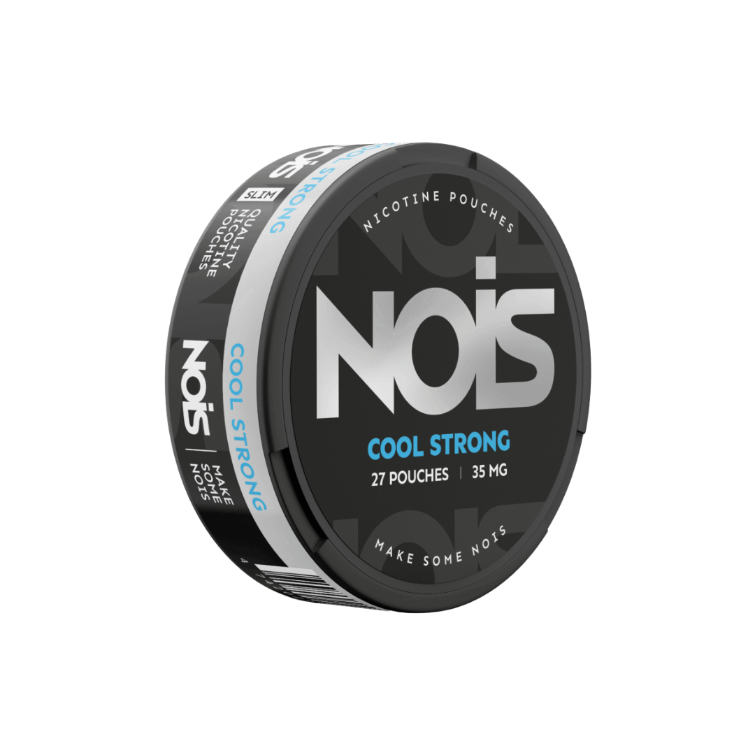 Front view of Nois Cool Strong nicotine pouch container in black and blue featuring a round design and label.