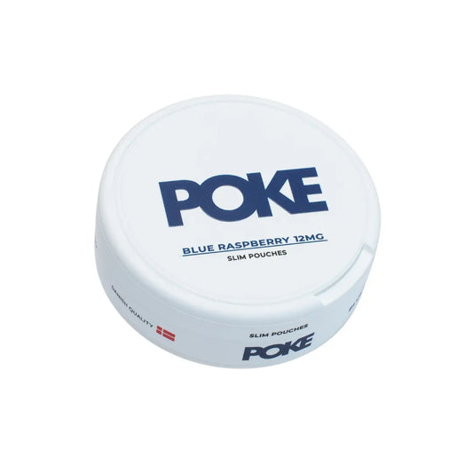 Detail close-up of Poke Blue Raspberry nicotine pouch packaging featuring a round container with a screw top and blue acce…
