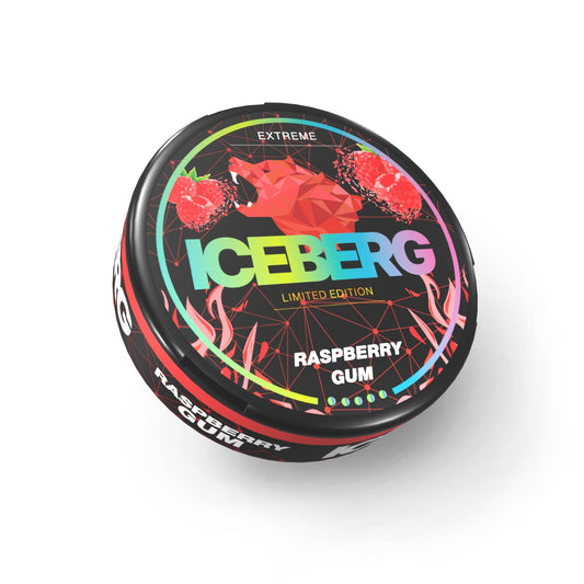 Detail close-up of a colorful circular tin of Iceberg Raspberry Gum snus featuring floral graphics on a white background.