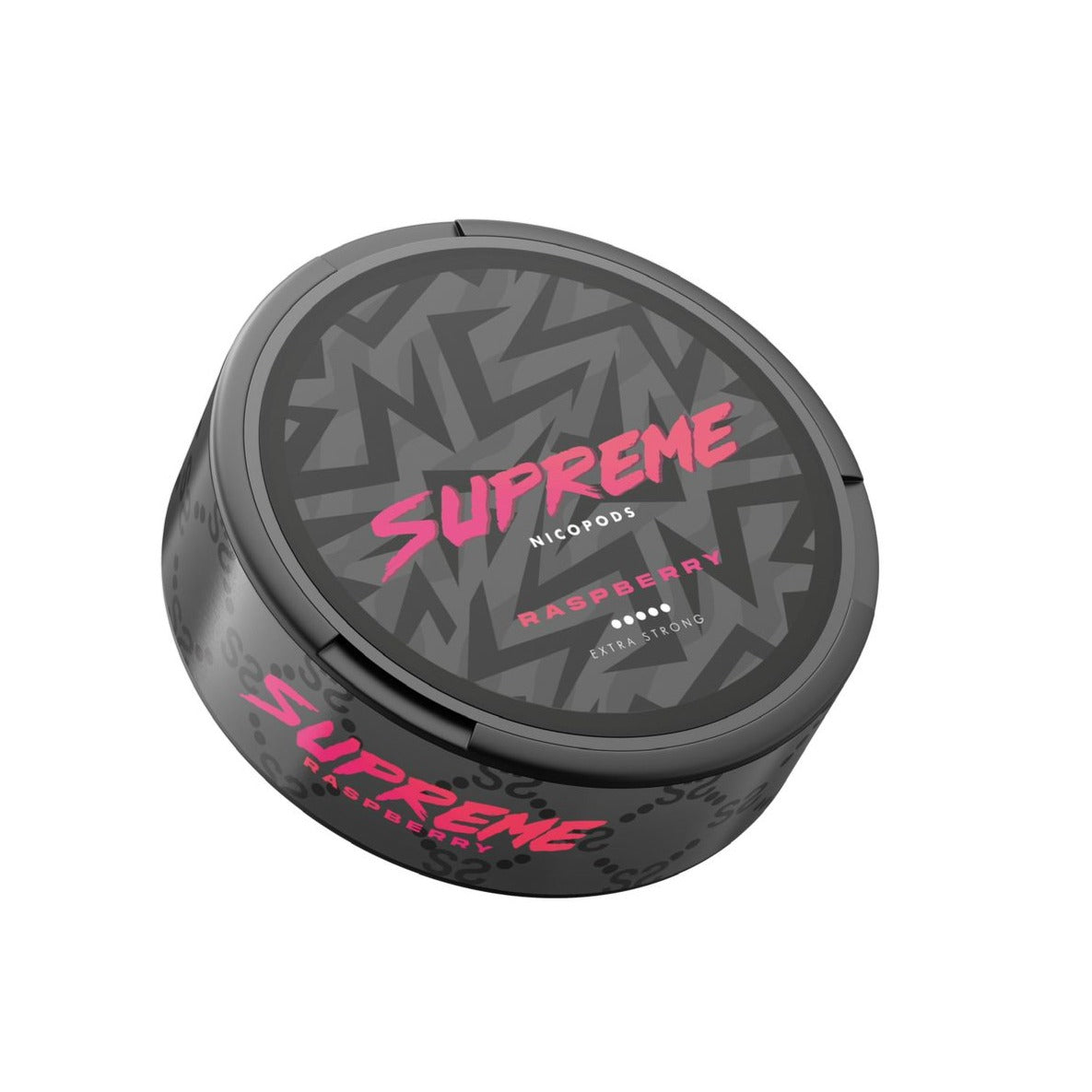 Detail close-up of the raspberry snus in a circular container with a textured lid on a white background