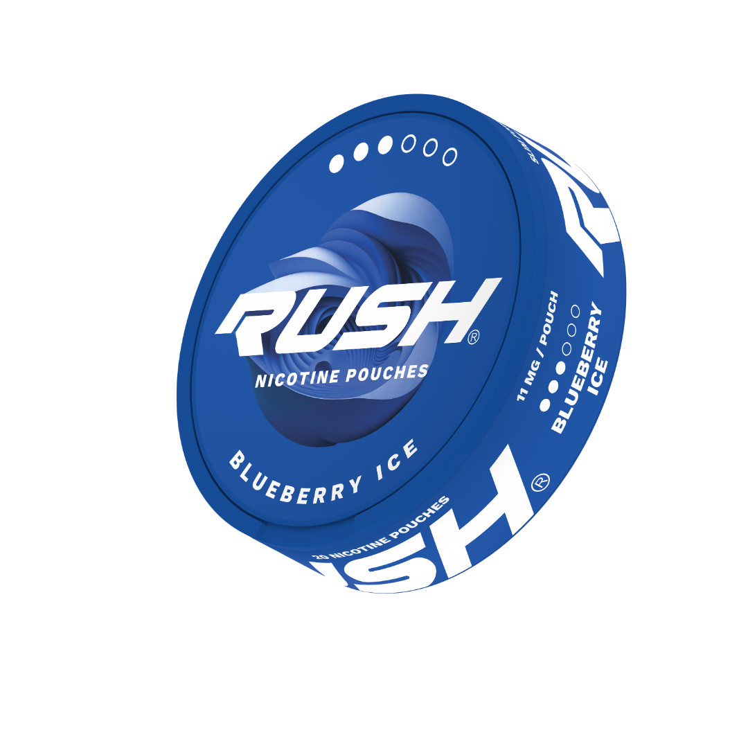 Front view of the Rush Blueberry Ice Pro in a round container featuring blue and white branding.