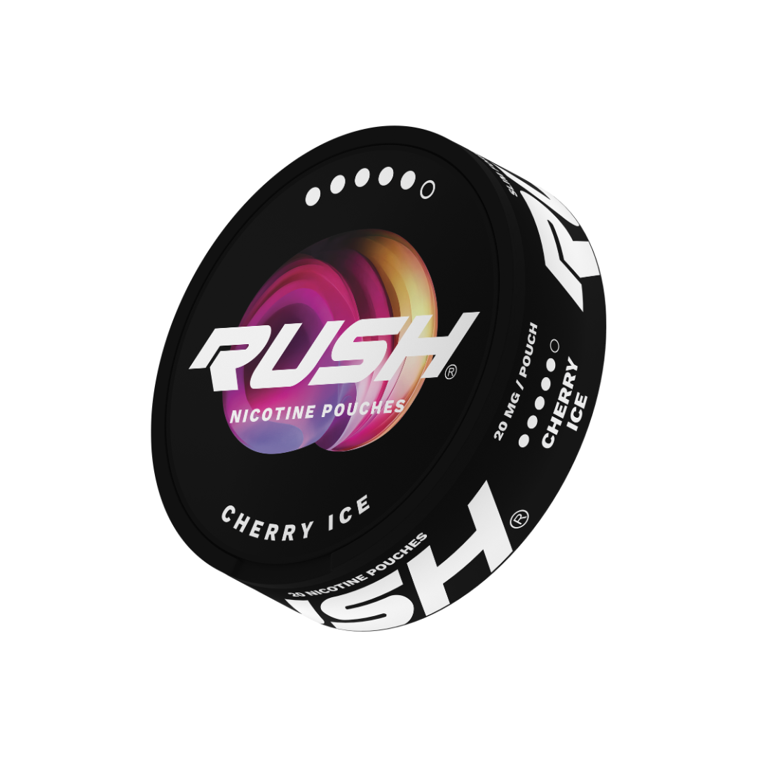 Detail close-up of Rush Cherry Ice Extreme packaging featuring a colorful logo and flavor label on a transparent background