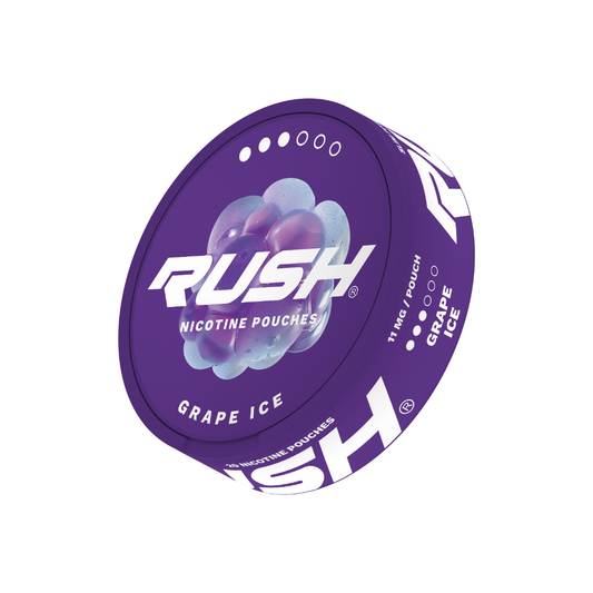 Front view of the purple Rush Grape Ice Pro pouch featuring a circular shape and branding on a transparent background