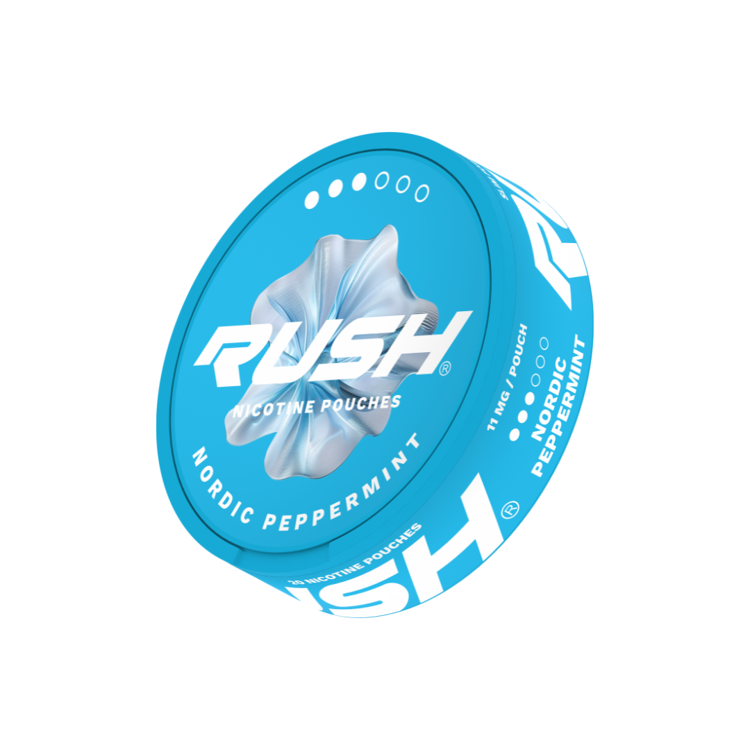 Side view of a round peppermint can with blue and white floral design on a white background.