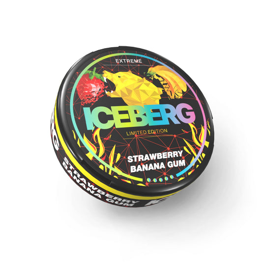 Detail close-up of the colorful circular tin of Iceberg Strawberry Banana Gum featuring fruit illustrations on a white bac…