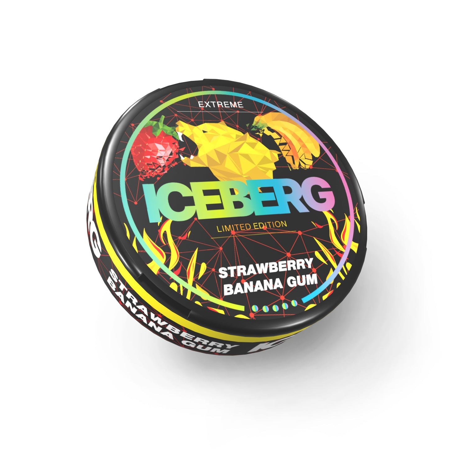 Packaging of Iceberg Strawberry Banana Gum in a round tin with colorful fruit graphics.