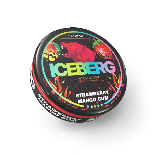 Detail close-up of colorful strawberry mango gum tin featuring fruit illustrations on a white background