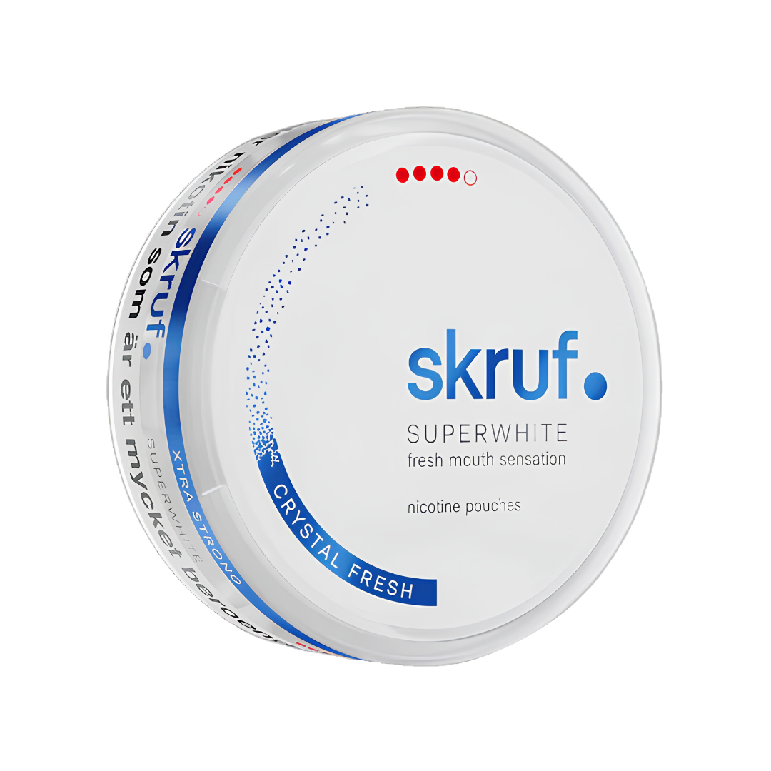Detail close-up of the round white and blue Skruf Superwhite Crystal Fresh Xtra Strong can featuring brand logo and screw top