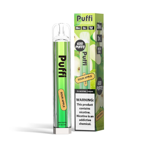 Packaging of the Puffi Sour Apple vape pen featuring a transparent tube, green and black graphic design on a white backgro…