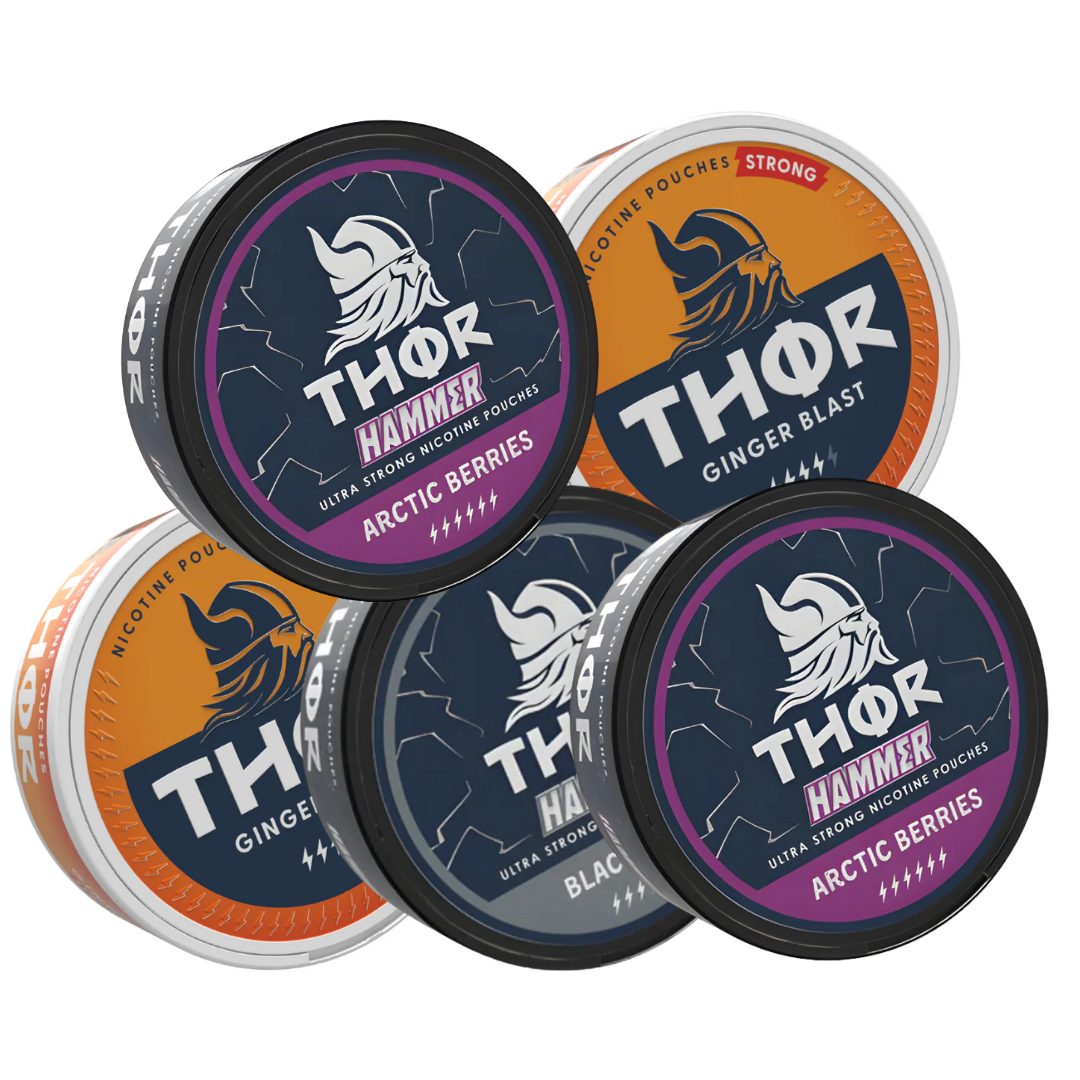 Front view of various THOR cans showcasing bold flavors in black, orange, purple, and white.
