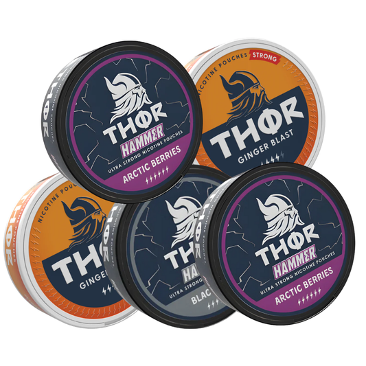 Front view of various THOR cans showcasing bold flavors in black, orange, purple, and white.