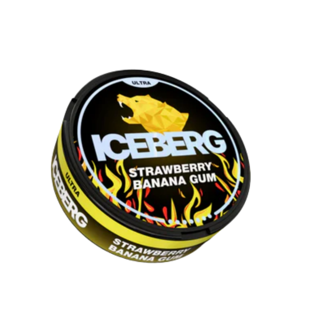 Front view of a circular snuff can featuring strawberry flavor with a flame design in black, yellow, and red.
