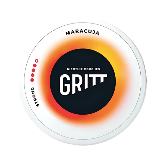Detail close-up of Gritt Marajuca nicotine pouch packaging featuring a circular container with a gradient design in black,…