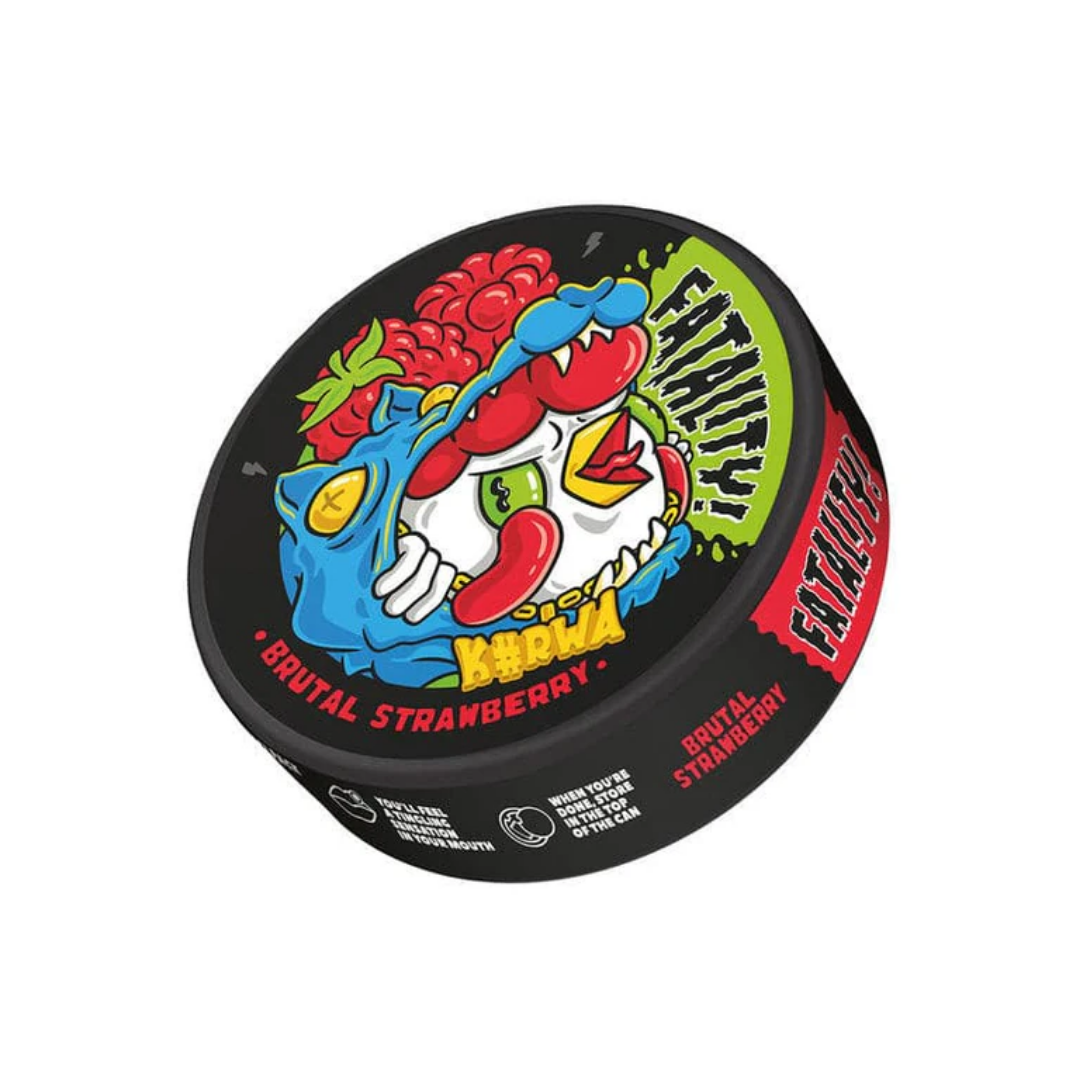 Detail close-up of colorful packaging for Kurwa Fatality Brutal Strawberry snus, featuring red and black design.