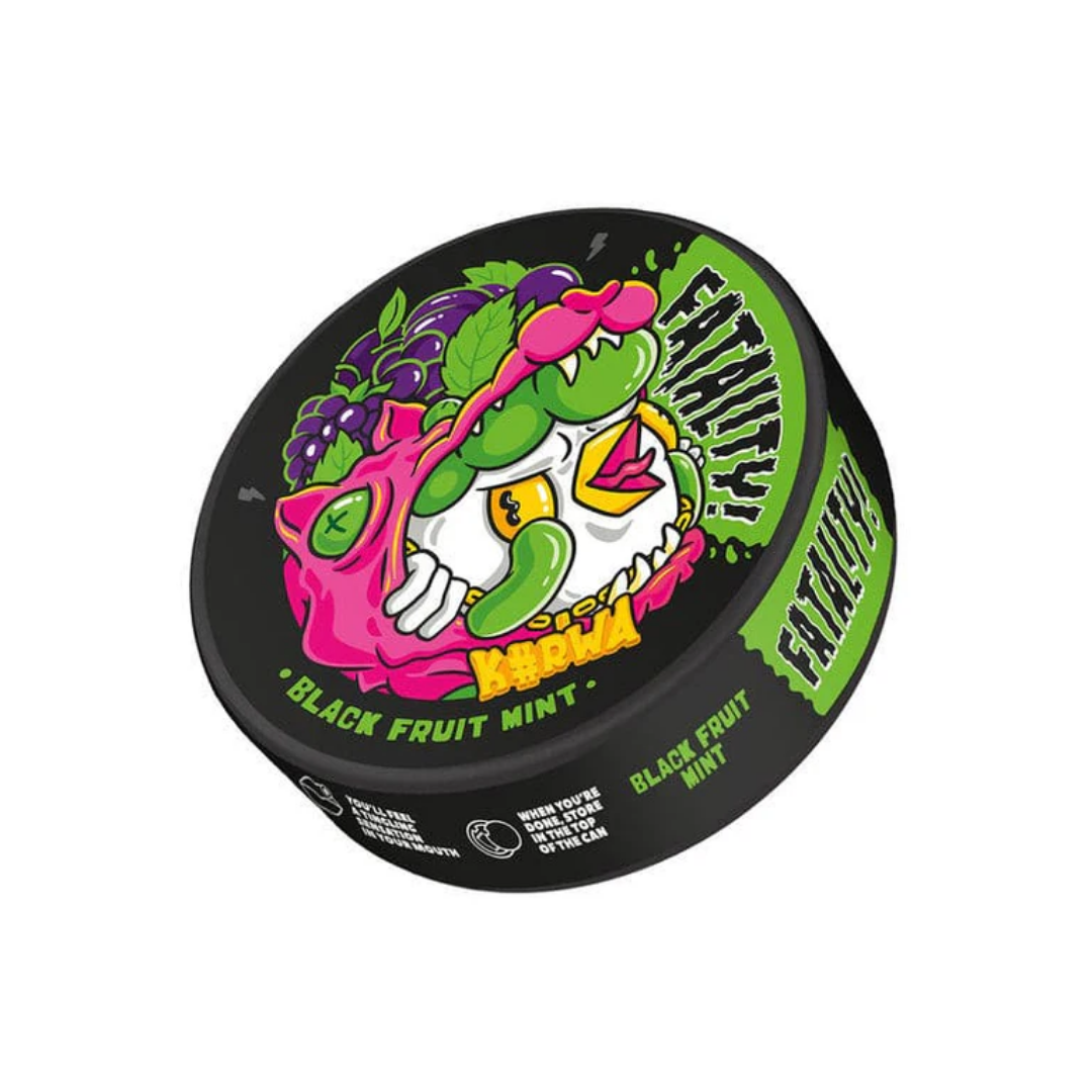 Detail close-up of Kurwa Fatality Black Fruit Mint snus packaging featuring a colorful label with black, green, and pink c…