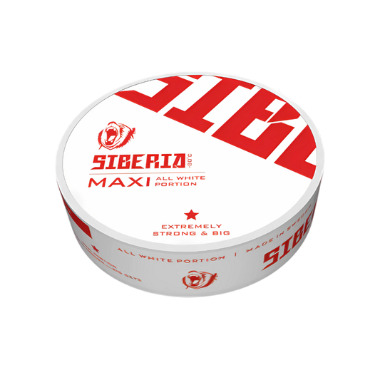 Detail close-up of the Siberia All White Maxi nicotine pouch in a circular container with a bold logo, featuring a white a…