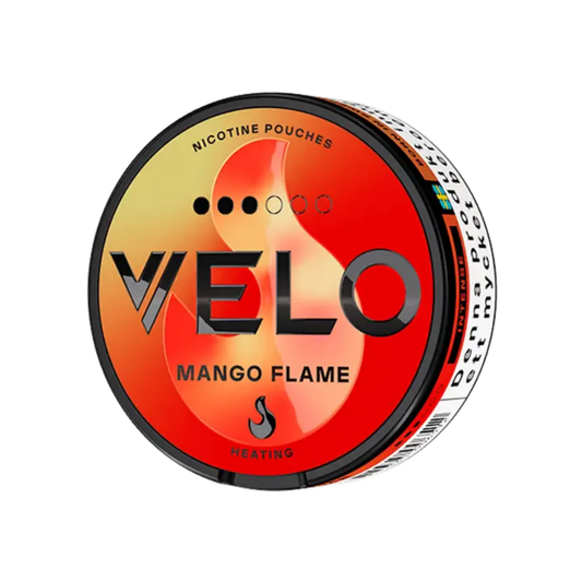 Sleek front view of Velo Mango Flame snus can in red, black, and white with logo on a transparent background.