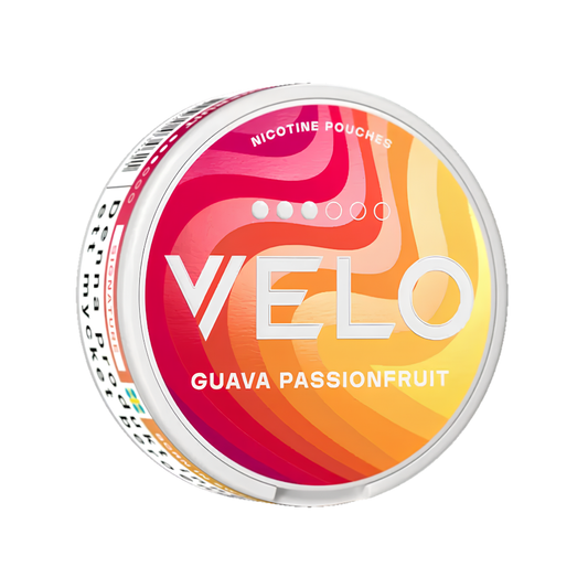 Detail close-up of the Velo Guava Passionfruit Slim can showcasing a pink and orange swirl design.