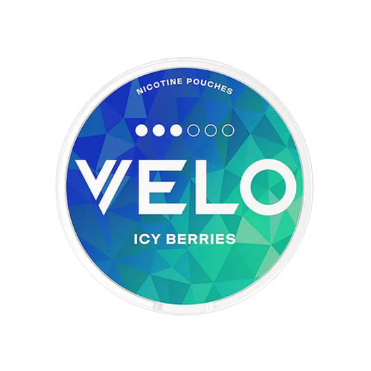 Front view of a circular label design featuring blue, green, and white colors with geometric patterns and flavor indication.